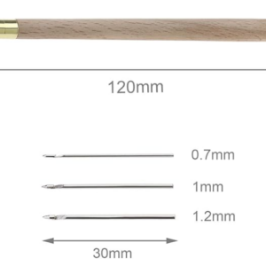 Mango de madera de 120 mm con casquillo dorado y tres agujas intercambiables de 0.7 mm, 1 mm y 1.2 mm de 30 mm de longitud para bordado.