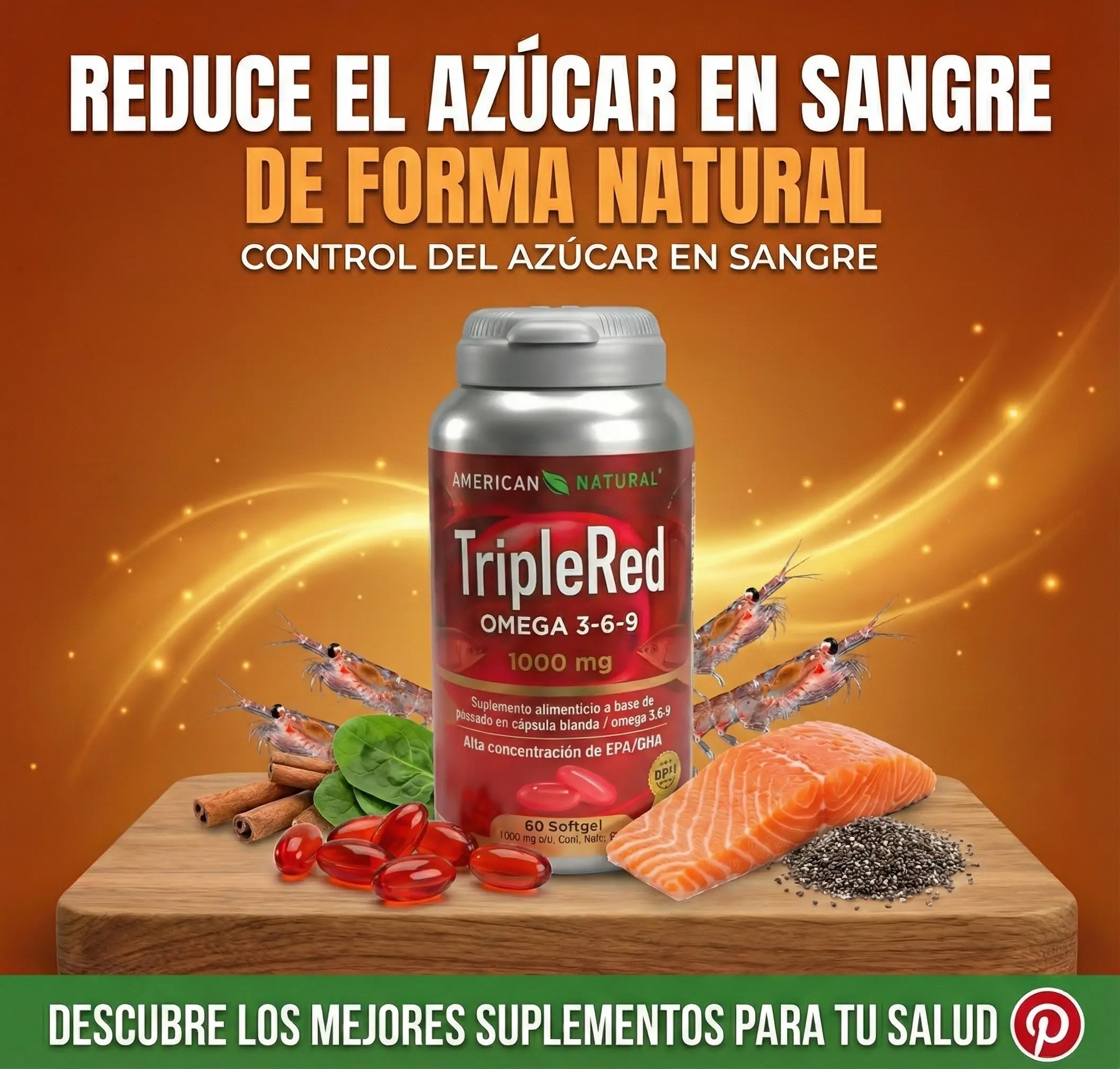 Frasco de Triple Red Omega 3 6 9 de 1000 mg sobre tabla de madera con salmón, camarones, chía y cápsulas rojas.