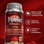 Suplemento Triple Red Omega 3-6-9 de 1000 mg en frasco plateado con cápsulas rojas sobre fondo rojo, para salud cardiovascular e inmune.