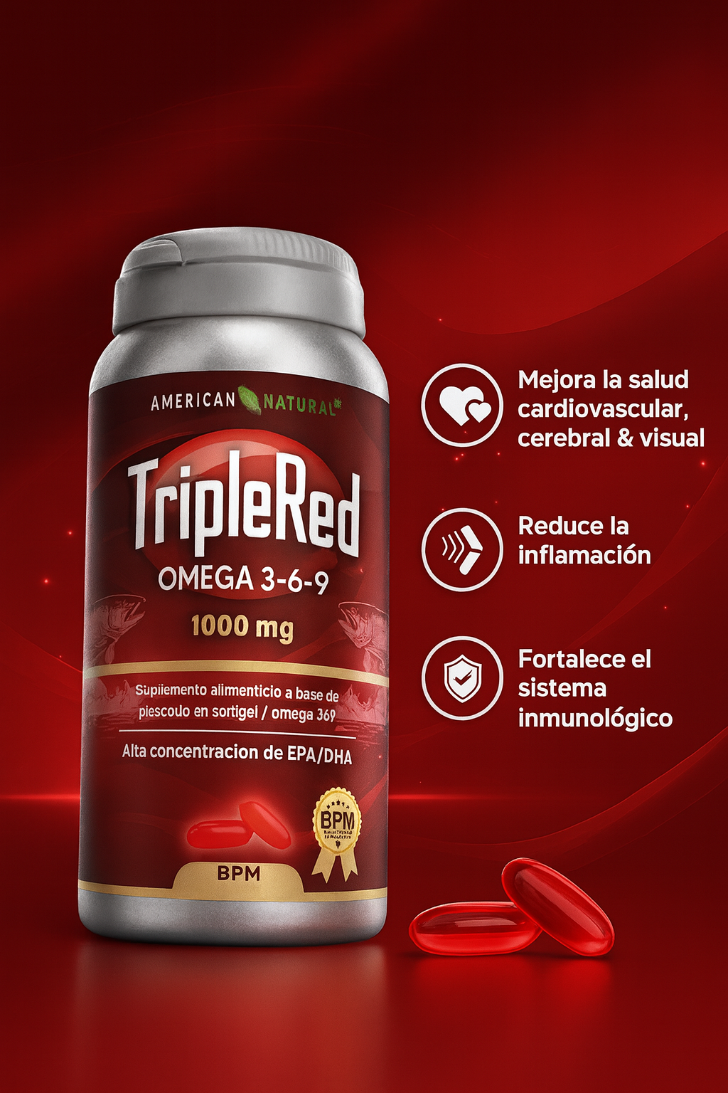 Suplemento Triple Red Omega 3-6-9 de 1000 mg en frasco plateado con cápsulas rojas sobre fondo rojo, para salud cardiovascular e inmune.