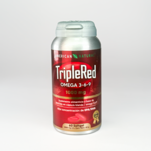 Envase plateado de Triple Red Omega 3-6-9 con etiqueta roja, 1000 mg y 60 cápsulas blandas, en vista frontal sobre fondo gris neutro.
