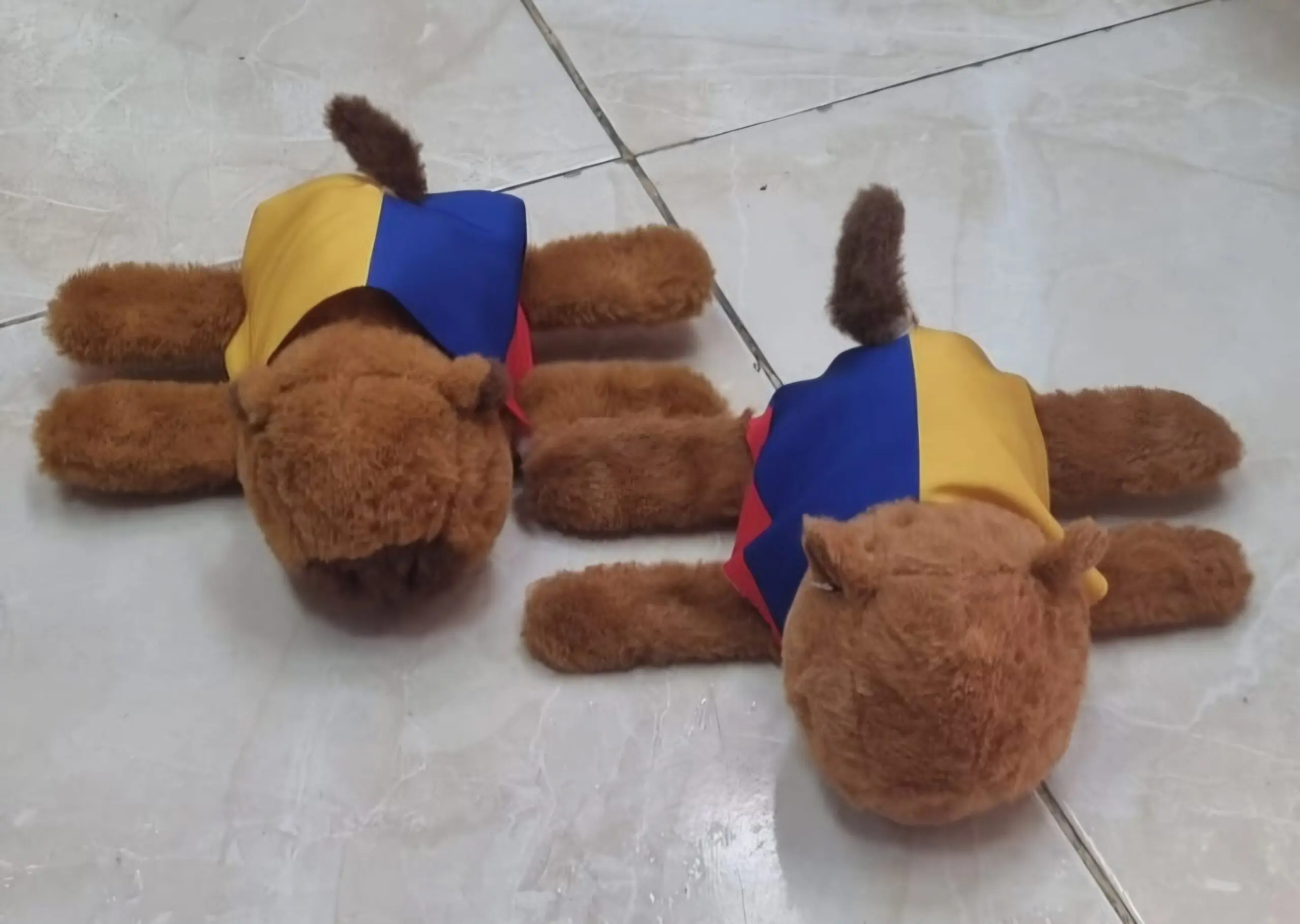 Dos peluches de capibara café con capas tricolores de Colombia en amarillo, azul y rojo, sobre un piso de baldosas claras.