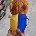 Vista posterior de peluche de capibara café con textura suave y manilla tricolor de Colombia en amarillo y azul.