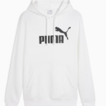 Buso deportivo Puma blanco para hombre con capucha, cordones ajustables, bolsillo frontal y logotipo negro en el pecho.