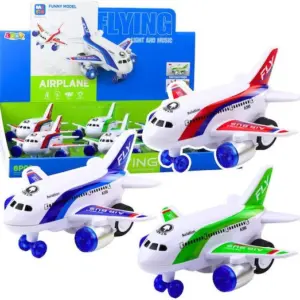 Aviones de juguete blancos con luces azules en ruedas y motores, con franjas rojas, azules y verdes, junto a su caja de empaque.