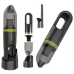 Aspiradora inalámbrica portátil negra con detalle verde lima, mostrada armada en su base, desglosada en componentes y en vista angular.