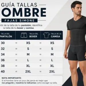 Hombre modelando faja reductora negra de cuerpo entero junto a tabla de tallas por número de pantalón.