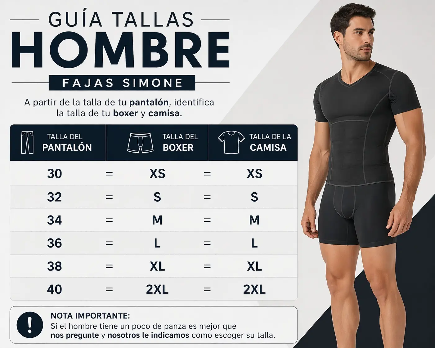Hombre modelando faja reductora negra de cuerpo entero junto a tabla de tallas por número de pantalón.
