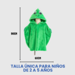 Ruana infantil de polar verde con capucha de animal. Mide 90 cm de alto por 60 cm de ancho. Talla única para niños de 2 a 5 años.