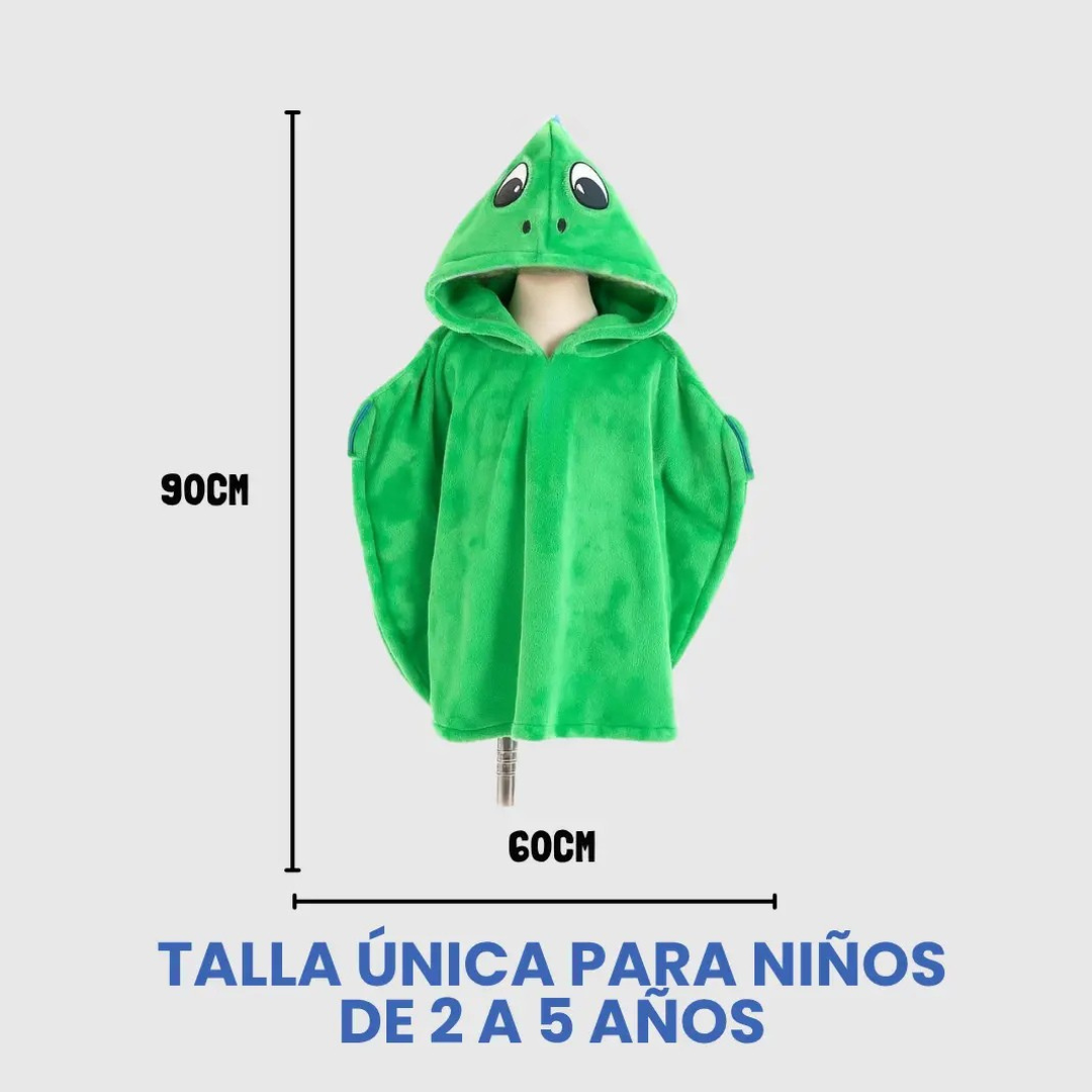 Ruana infantil de polar verde con capucha de animal. Mide 90 cm de alto por 60 cm de ancho. Talla única para niños de 2 a 5 años.