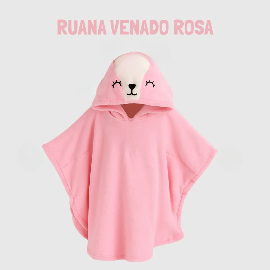 Ruana infantil polar rosa con capucha de ciervo, diseño suave y abrigado para niños con detalles bordados en la cara.