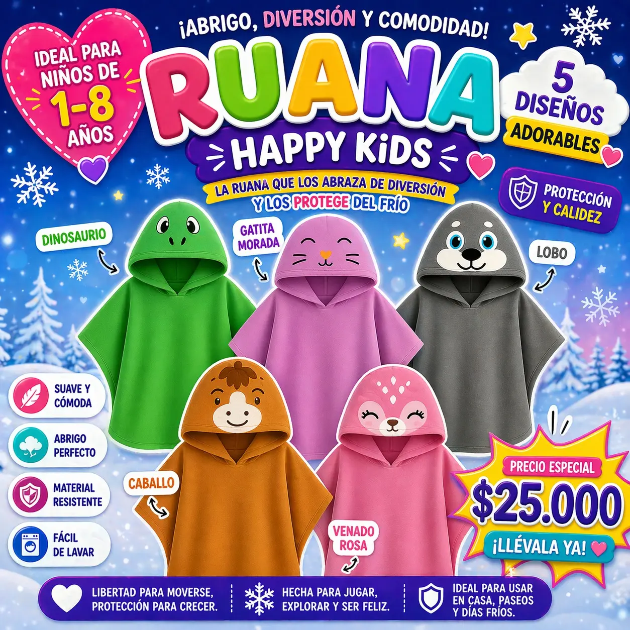 Ruana infantil polar con capucha de animales en verde, rosado, gris, marrón y fucsia para niños de 1 a 8 años