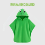 Ruana infantil de polar verde con capucha de dinosaurio con detalles de ojos y nariz, diseño tipo poncho sin mangas.