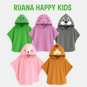 Cinco ruanas infantiles polares con capucha de animales en verde, rosado, gris, rosa claro y mostaza.