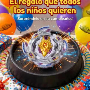 Trompo Beyblade Burst blanco y dorado en giro sobre estadio negro, rodeado de globos de colores y regalos de cumpleaños.