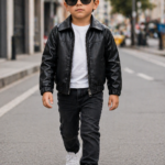 Niño caminando en la calle con chaqueta negra de cuero sintético, camiseta blanca, jeans oscuros y gafas de sol.