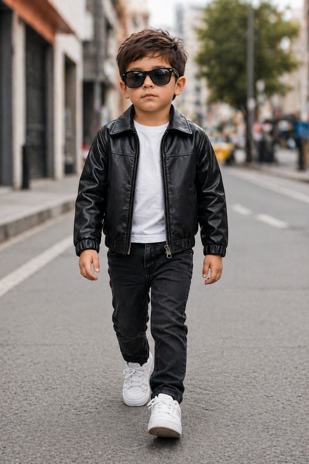 Niño caminando en la calle con chaqueta negra de cuero sintético, camiseta blanca, jeans oscuros y gafas de sol.