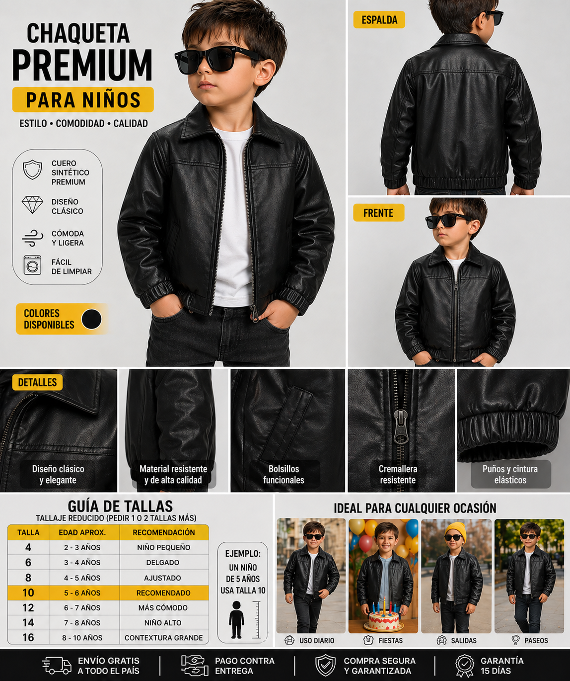 Chaqueta de cuero sintético negra para niño con diseño clásico, bolsillos, cremallera y cintura elástica. Incluye guía de tallas de la 4 a la 16.
