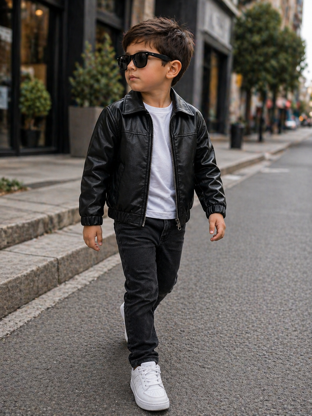 Chaqueta de cuero sintético negra para niño con textura brillante y cuello, estilo urbano moderno, usada con camiseta blanca en la calle.