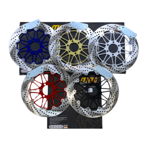 Cinco discos de freno flotantes para moto de 320mm con soporte, en colores azul, dorado, plateado, rojo y negro.