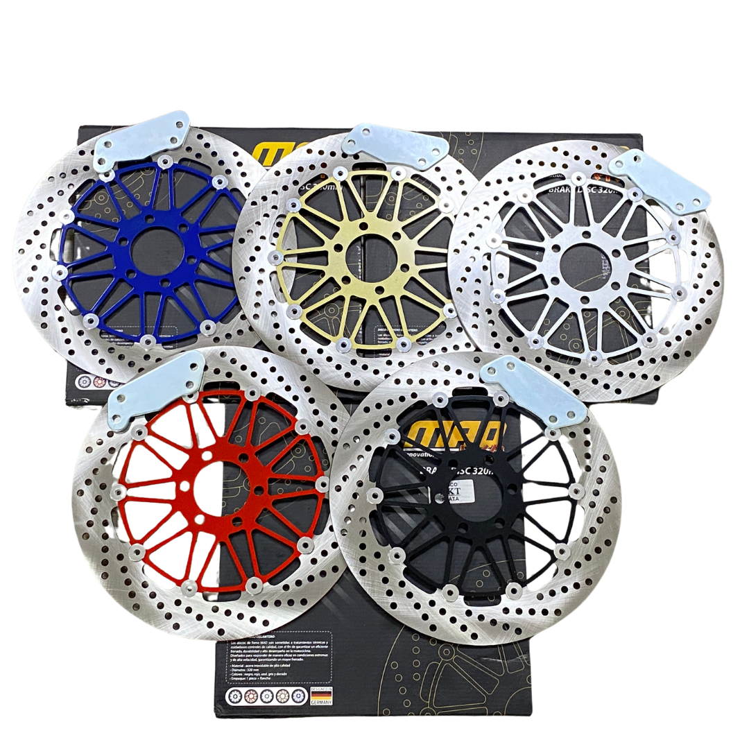 Cinco discos de freno flotantes 320mm en colores azul, dorado, plateado, rojo y negro sobre cajas.