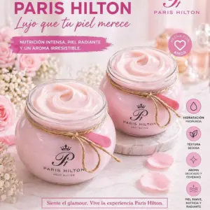 Set de dos mantequillas corporales Paris Hilton sobre fondo neutro
