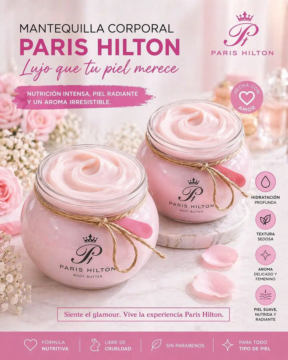 Set de dos mantequillas corporales Paris Hilton sobre fondo neutro