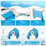 Toalla de enfriamiento azul de microfibra, con instrucciones de uso paso a paso: remojar, escurrir y sacudir para reducir la temperatura a 17.5 grados Celsius.