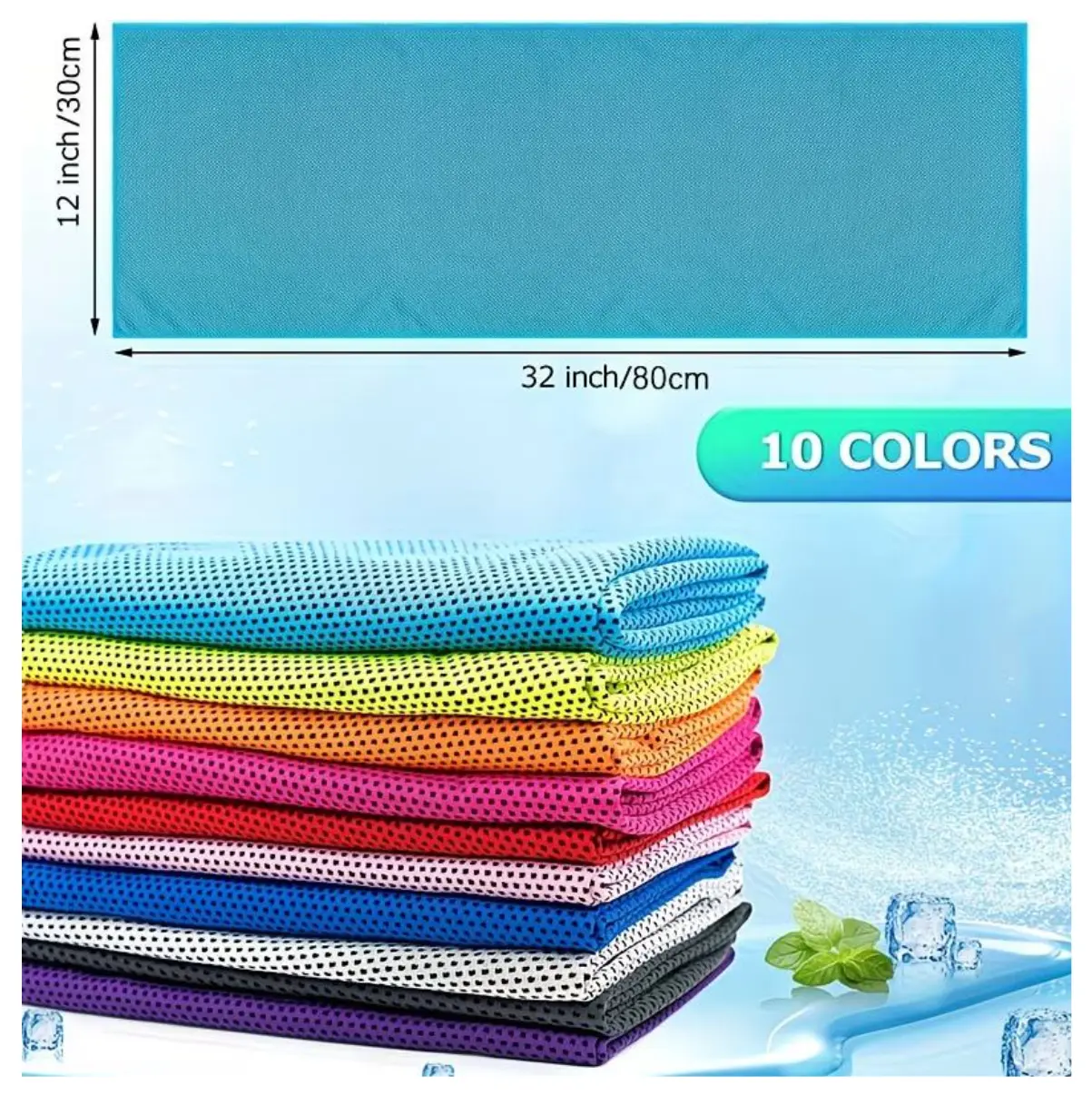 Toalla de enfriamiento deportiva azul de 80x30 cm con textura de malla, junto a una pila colorida de diez opciones diferentes y cubitos de hielo.