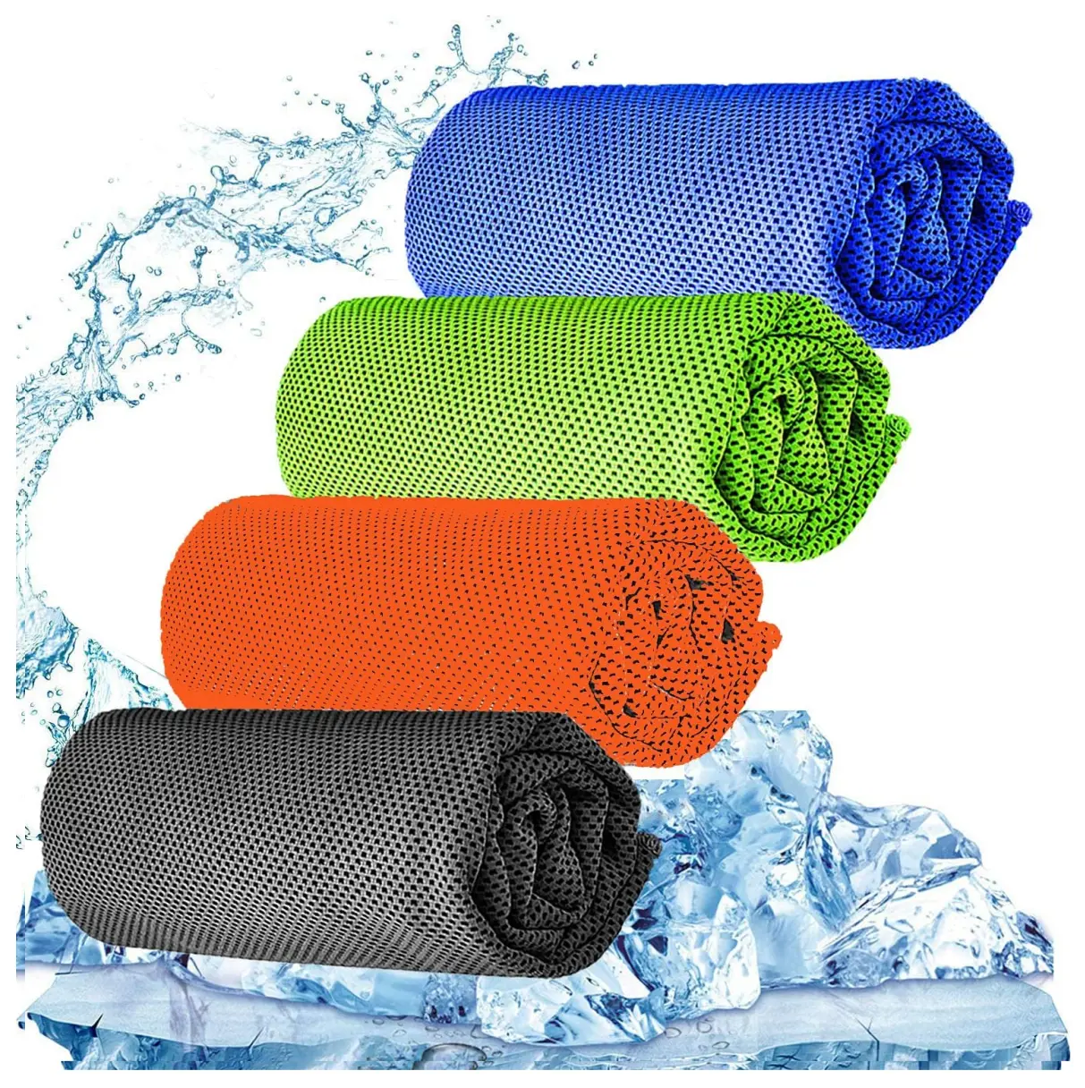 Cuatro toallas de enfriamiento deportivas enrolladas de colores azul, verde, naranja y gris sobre hielo y salpicaduras de agua.