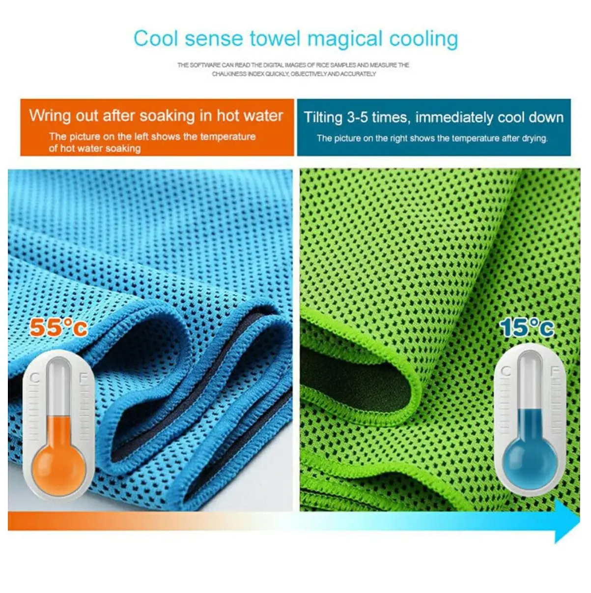 Toalla de enfriamiento en microfibra azul y verde con termómetros que muestran reducción de 55 a 15 grados tras agitarla.