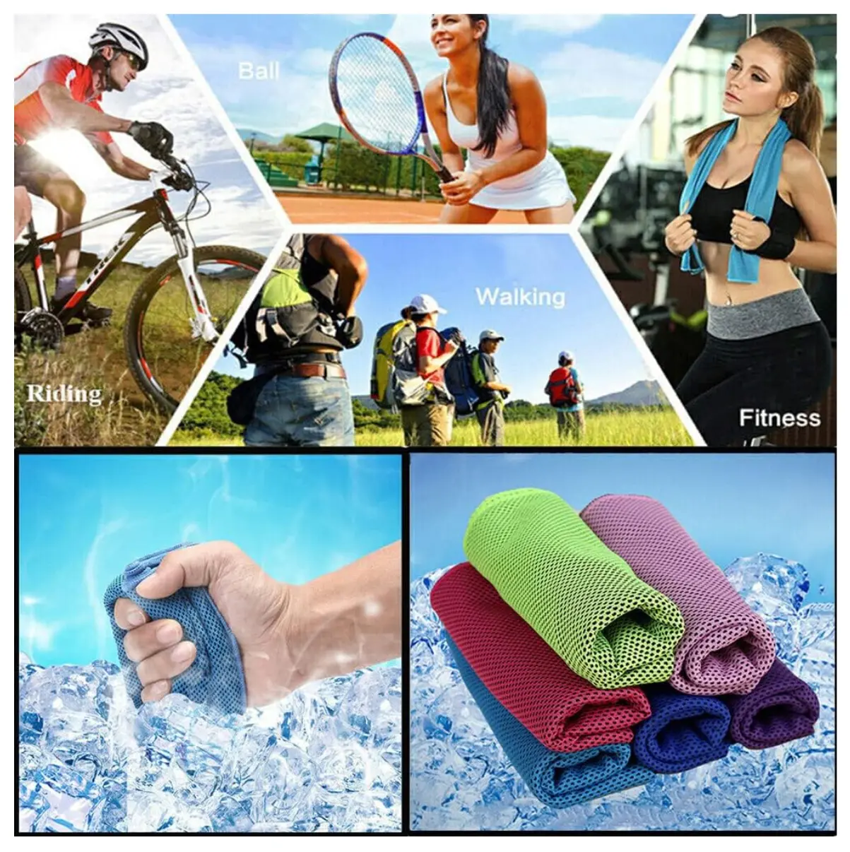 Toalla deportiva de microfibra multiuso para enfriamiento corporal en ciclismo, tenis, caminatas y fitness, mostrada en varios colores.