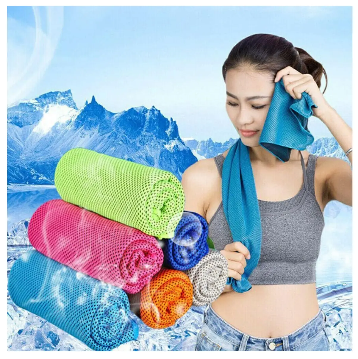 Mujer seca sudor con toalla azul de enfriamiento en cuello; frente a ella, pila de toallas deportivas de microfibra en colores verde, rosa, azul y naranja.