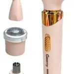 Afeitadora Geemy 4 en 1 rosa y dorado con mango recargable y tres cabezales intercambiables para depilación facial y corporal.