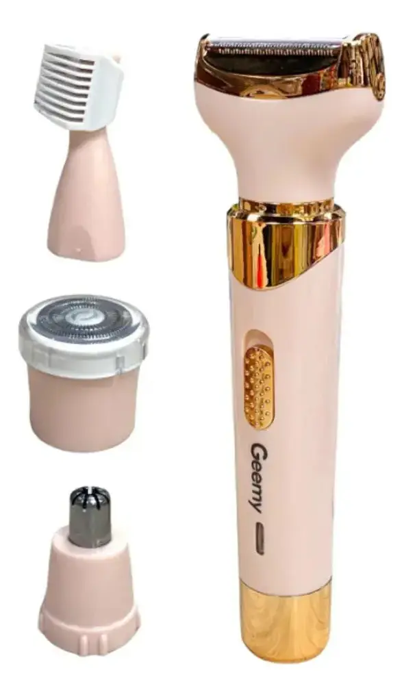 Afeitadora Geemy 4 en 1 rosa y dorado con mango recargable y tres cabezales intercambiables para depilación facial y corporal.