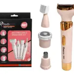Kit de afeitadora Geemy 4 en 1 para dama, color rosa y dorado. Incluye caja y cuatro cabezales intercambiables para vello facial y corporal.