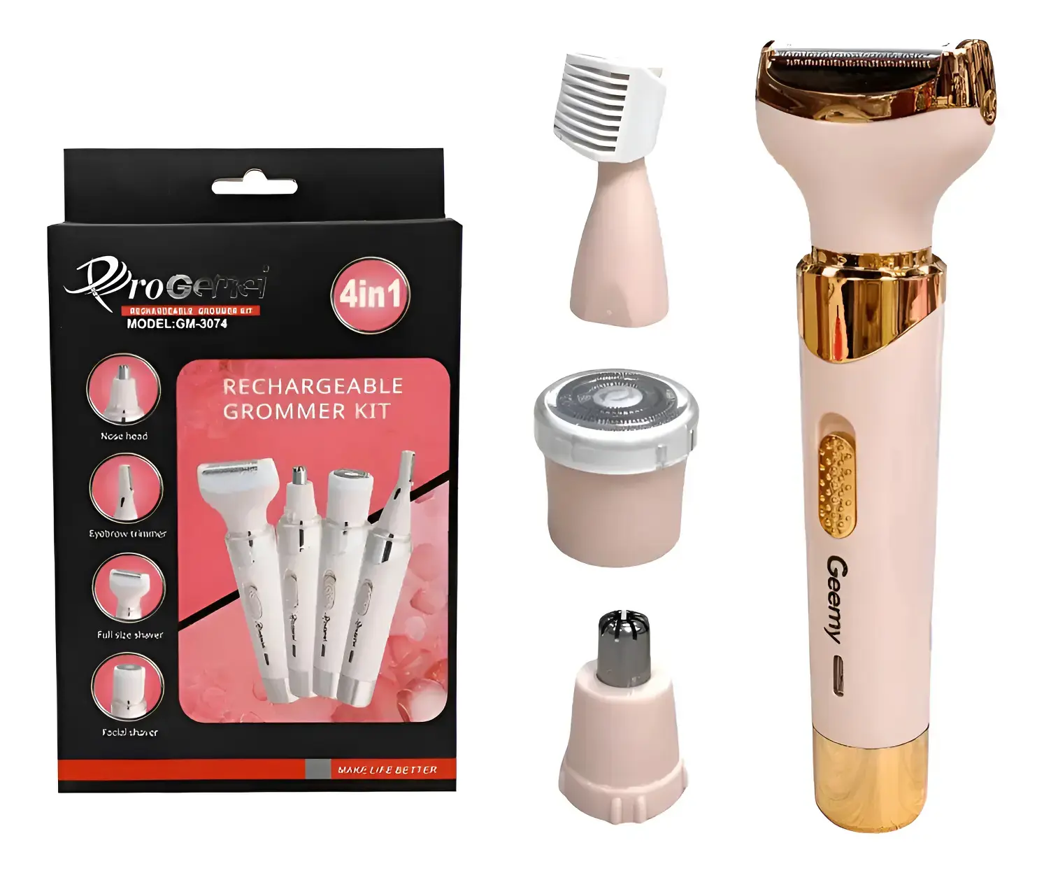 Kit de afeitadora Geemy 4 en 1 para dama, color rosa y dorado. Incluye caja y cuatro cabezales intercambiables para vello facial y corporal.