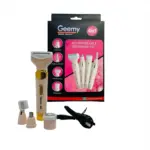 Kit de afeitadora Geemy 4 en 1 para dama, color crema y dorado. Incluye cuatro cabezales intercambiables y cable de carga junto a su empaque.