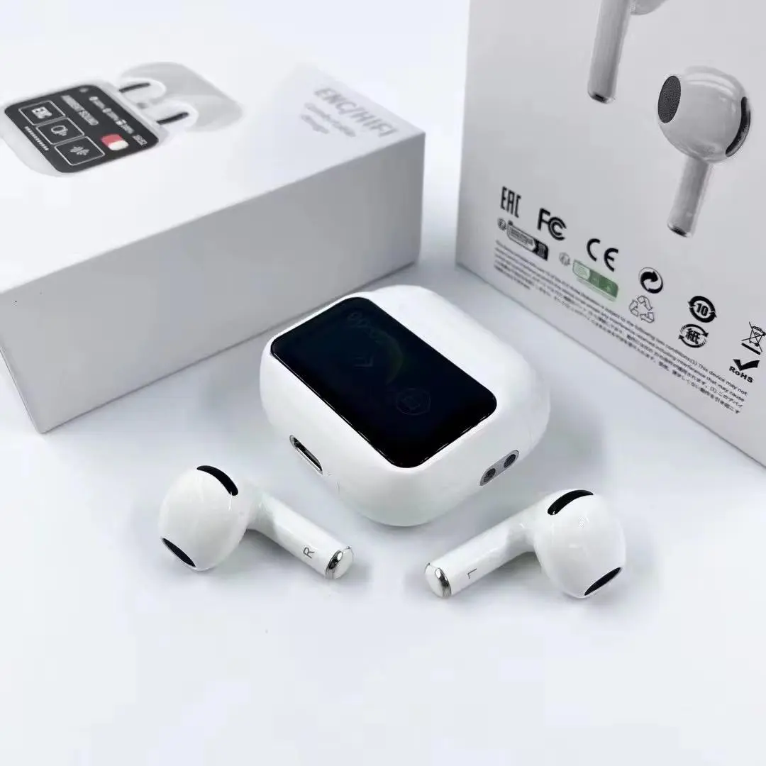 Audífonos inalámbricos A11 blancos con estuche de carga con pantalla táctil negra y sus cajas de empaque sobre fondo blanco.