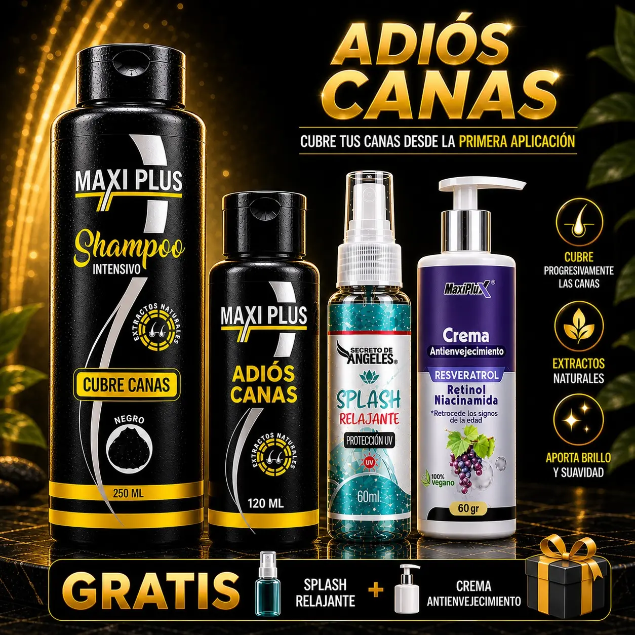 Detalle de la etiqueta del shampoo cubre canas Maxiplus
