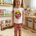 Pijama para niña de dos piezas en tela suave con estampado de la Princesa Peach, camiseta blanca de mangas cortas rosadas y pantalón fucsia con puños borgoña.