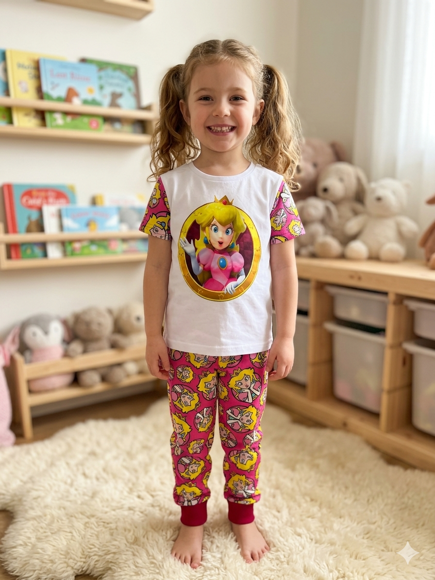 Pijama infantil de dos piezas blanca y fucsia con estampado de la Princesa Peach, manga corta y pantalón largo en tela suave de tacto agradable.