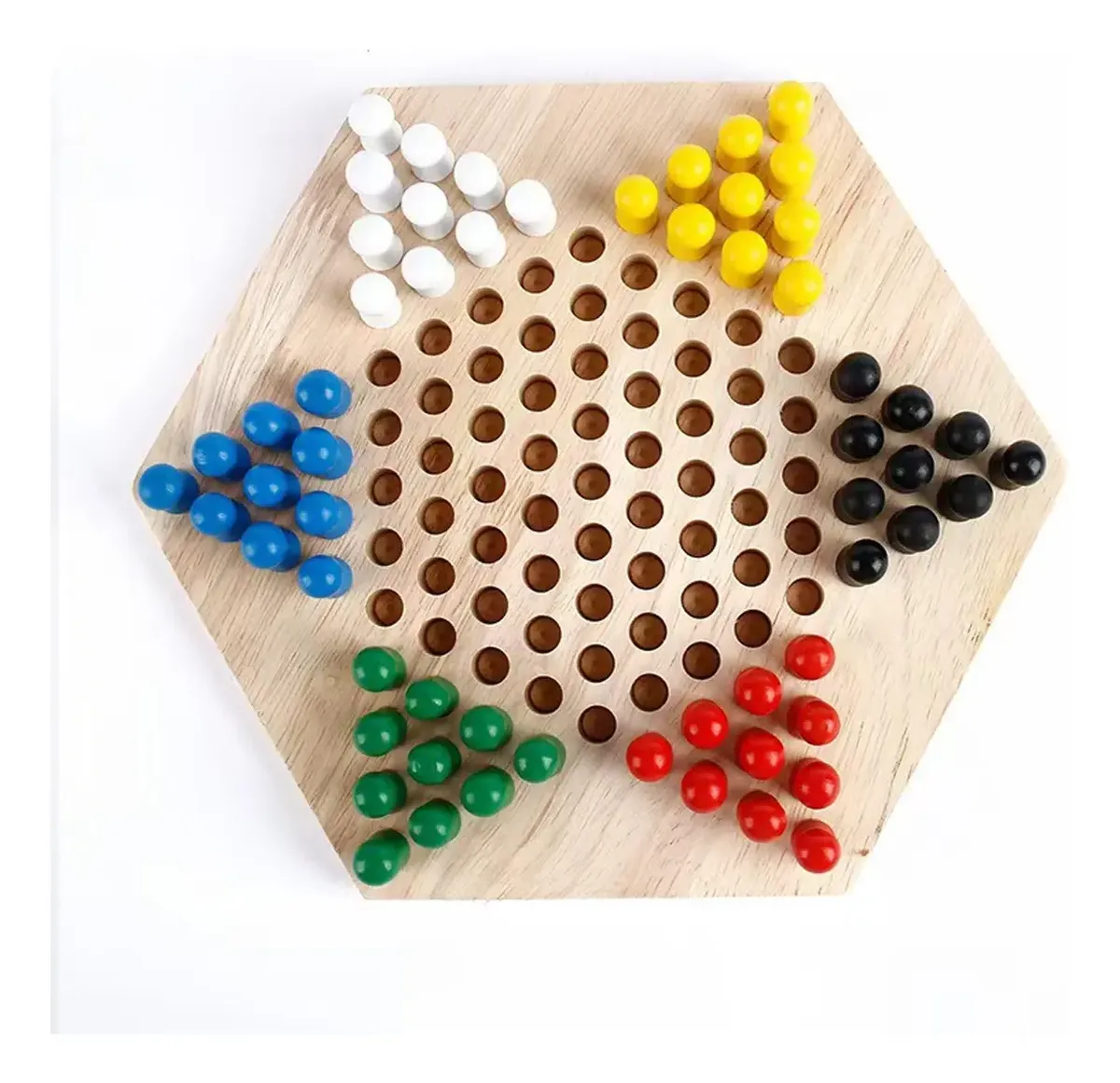 Tablero hexagonal de madera con 6 grupos de fichas cilíndricas en colores blanco, amarillo, azul, negro, rojo y verde.