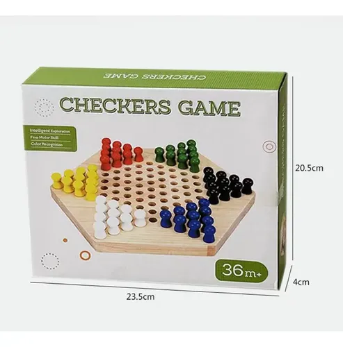 Caja de juego de mesa hexagonal de madera tipo damas chinas con fichas de colores, dimensiones 23.5 por 20.5 por 4 cm.