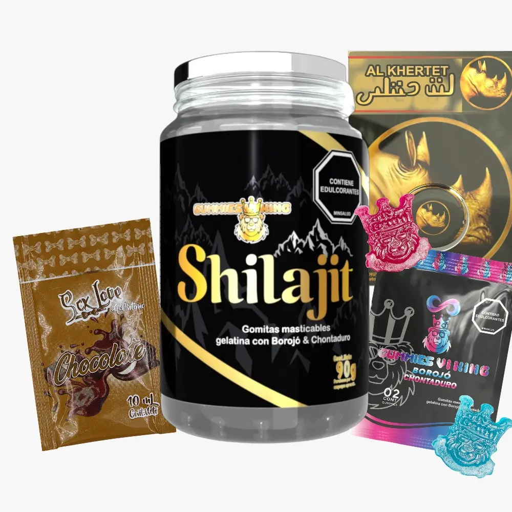 Frasco central de gomitas de Shilajit, sobre y gominola azul y rosa, acompañados de un sobre de chocolate íntimo y caja dorada con diseño de rinoceronte.