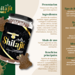 Frasco con 30 gomitas masticables de Shilajit sabor moca con colágeno, vitaminas y minerales, acompañado de dos figuras en forma de oso coronado.