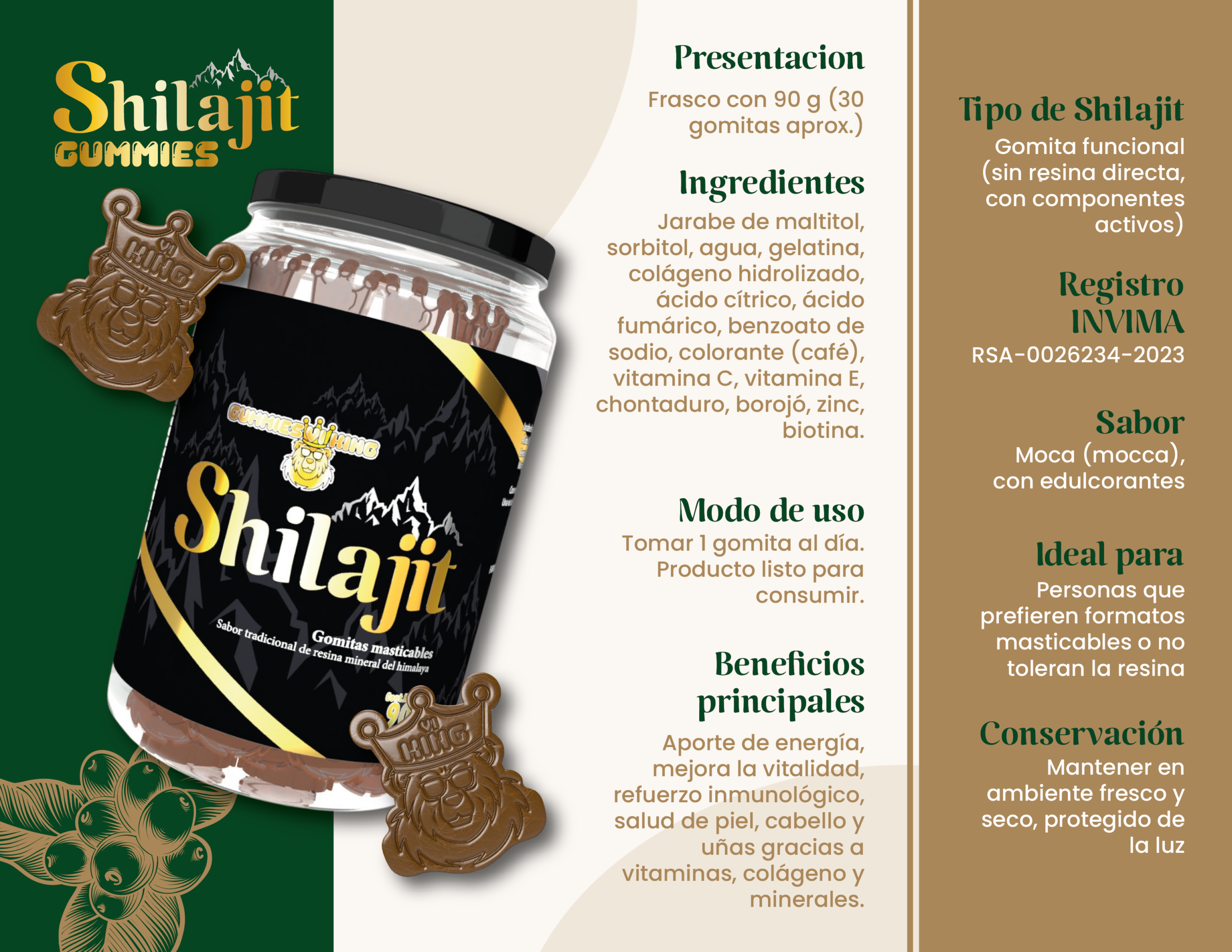 Frasco con 30 gomitas masticables de Shilajit sabor moca con colágeno, vitaminas y minerales, acompañado de dos figuras en forma de oso coronado.