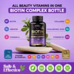Frasco negro de Biotin Collagen y Keratin con 60 cápsulas, rodeado de hojas verdes sobre una piedra beige, con iconos de vitaminas y beneficios.