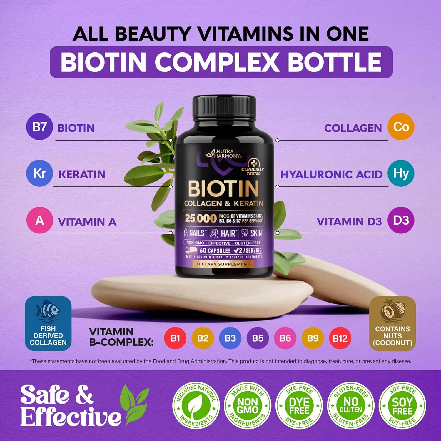Frasco negro de Biotin Collagen y Keratin con 60 cápsulas, rodeado de hojas verdes sobre una piedra beige, con iconos de vitaminas y beneficios.