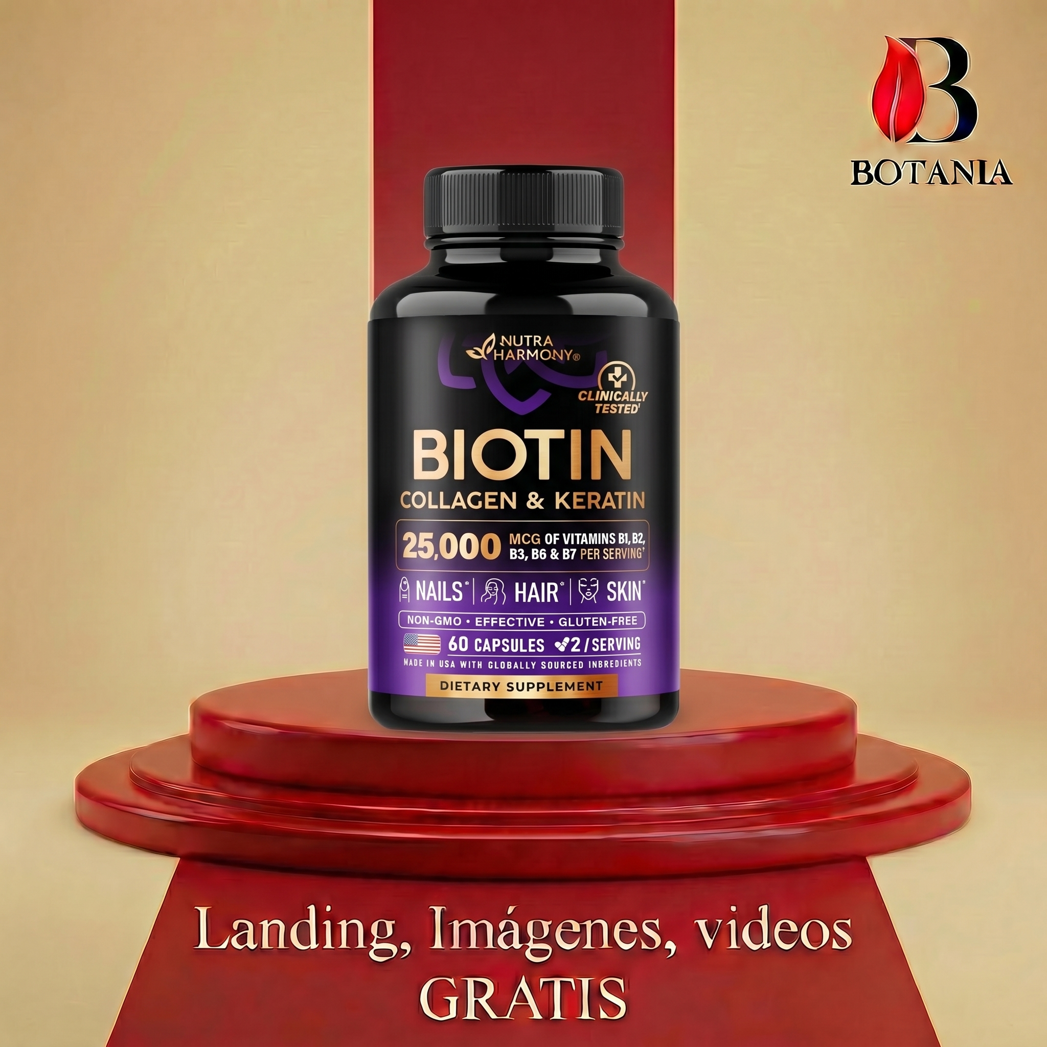 Frasco negro de Biotin Collagen y Keratin con 60 cápsulas, sobre podio rojo brillante en fondo beige.
